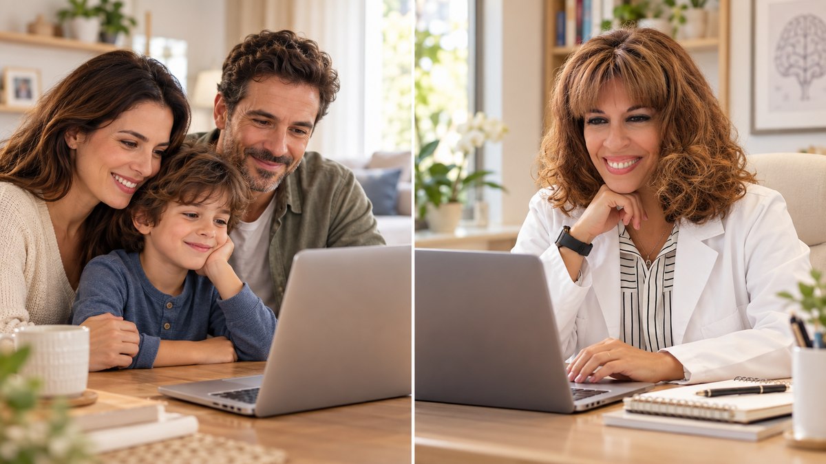 Familia y neuropediatra Teresa Andrade en una consulta online de neuropediatría por videollamada