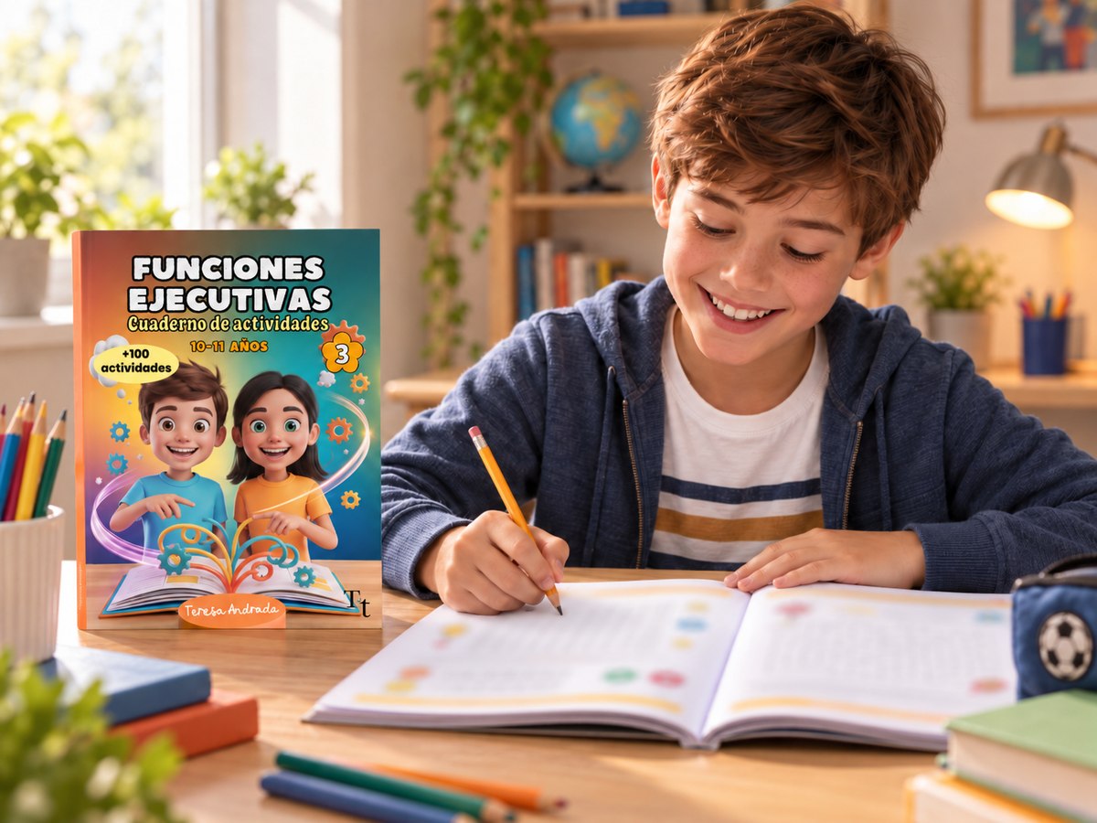 Niño usando el cuaderno de actividades de funciones ejecutivas para TDAH