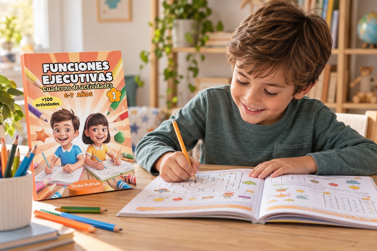 Niño de 6-7 años haciendo una actividad del cuaderno de funciones ejecutivas para niños con TDAH