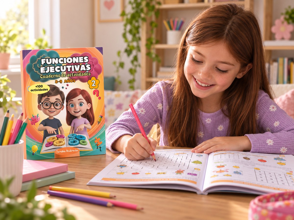 Niño de 8-9 años haciendo una actividad del cuaderno de funciones ejecutivas para niños con TDAH