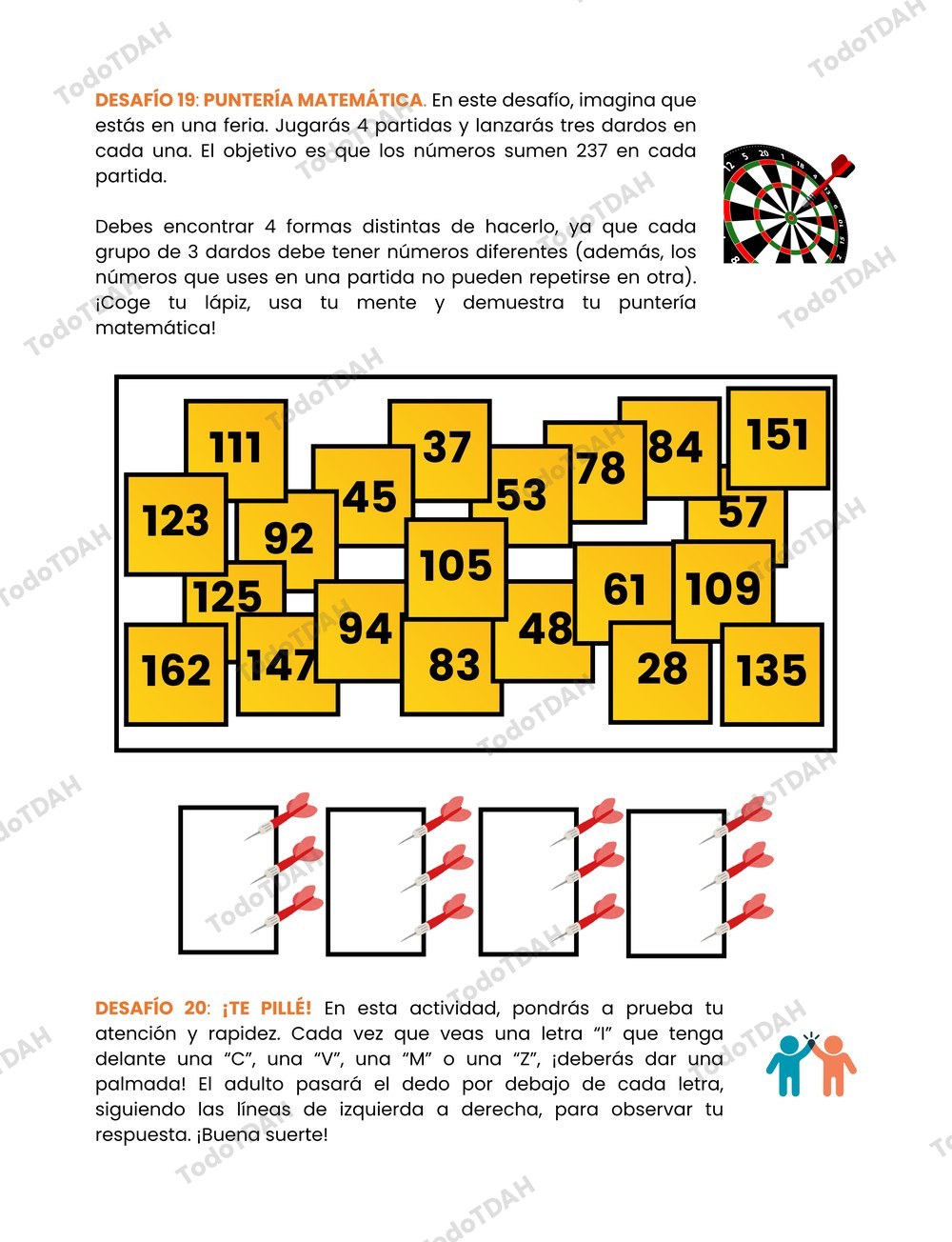 Página interior, Desafío Puntería matemática y Te pillé