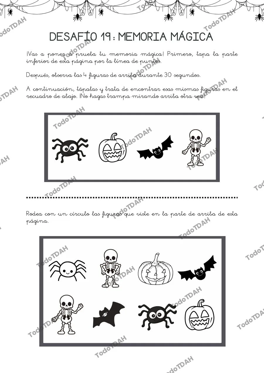 Página interior Halloween 5 años, Desafío Memoria mágica