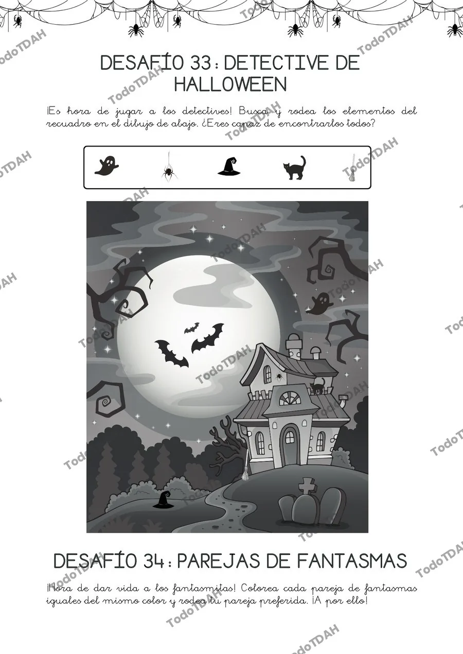 Página interior Halloween 5 años, Desafío Detective de Halloween