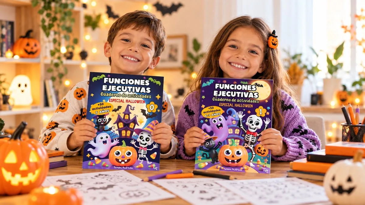 Dos niños sonrientes con los cuadernos de actividades de Halloween de 5 años y de 6-7 años
